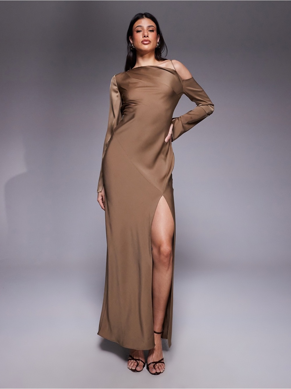 ASOS DESIGN Tall asymmetric neckline tie back midi dress in brown